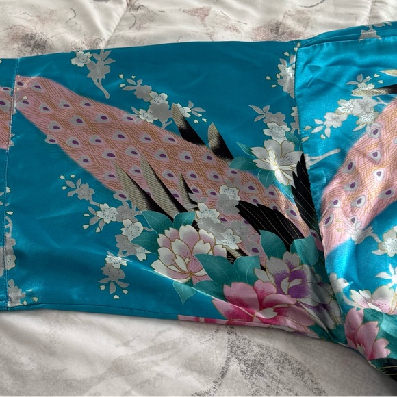 Applesauce teal blue satin peacock floral silk-like belted robe, one size boho - Picture 14 of 16